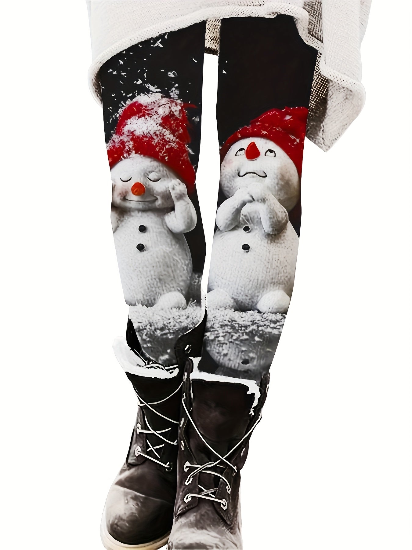 Women's Winter Thermal Tights - Snowman Print Leggings with Snowman & Snowflake Patterns, Thick Insulating Opaque Pants for Christmas, New Year Parties, Cold Weather (Machine Washable, Elastic Fit) - Trousers for Dresses & Bo