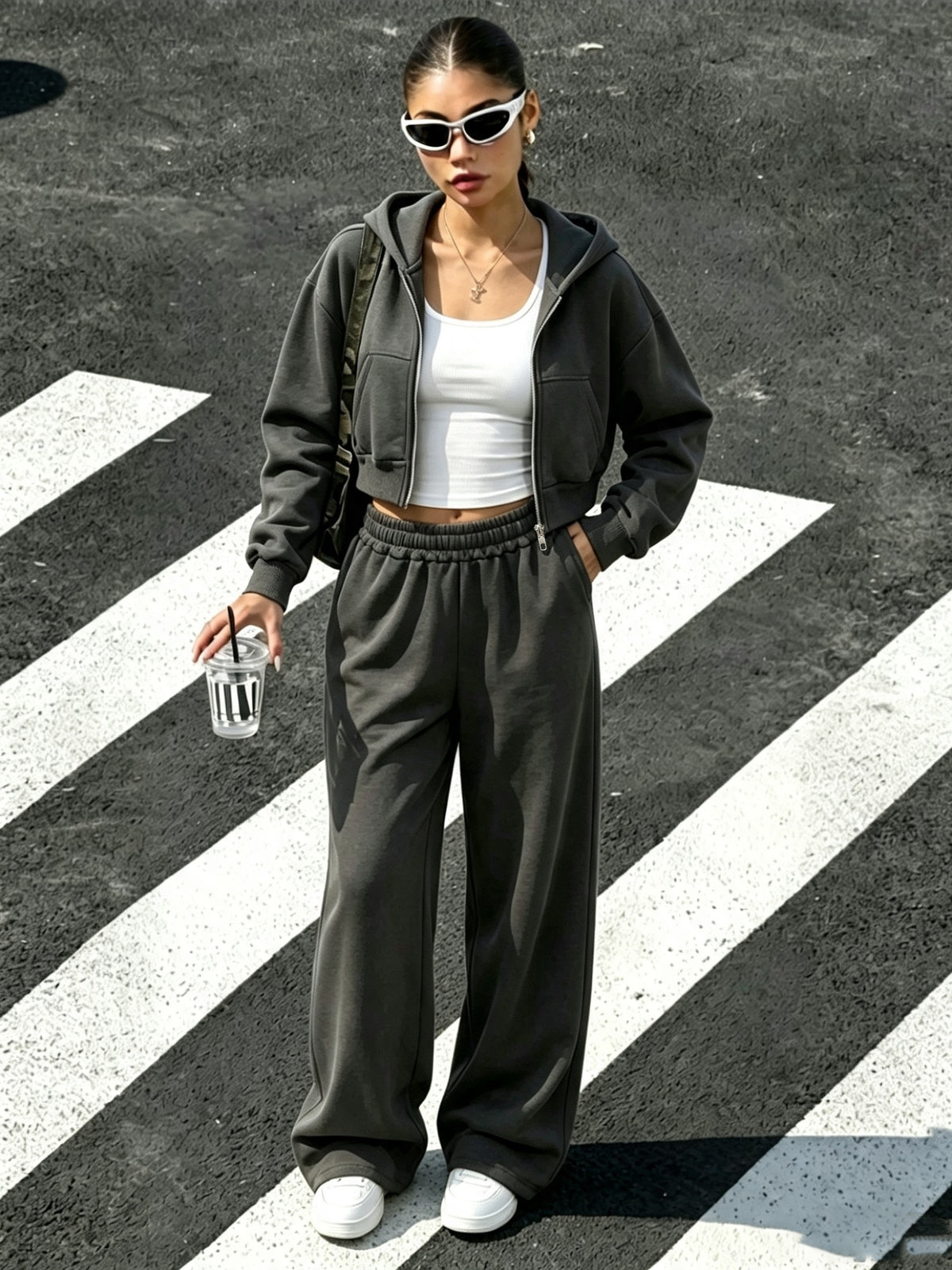Women's Casual Hooded Zip-Up Sweatshirt & Wide-Leg Pants Set - ayq