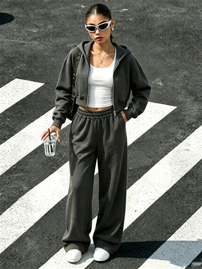 Women's Casual Hooded Zip-Up Sweatshirt & Wide-Leg Pants Set - ayq