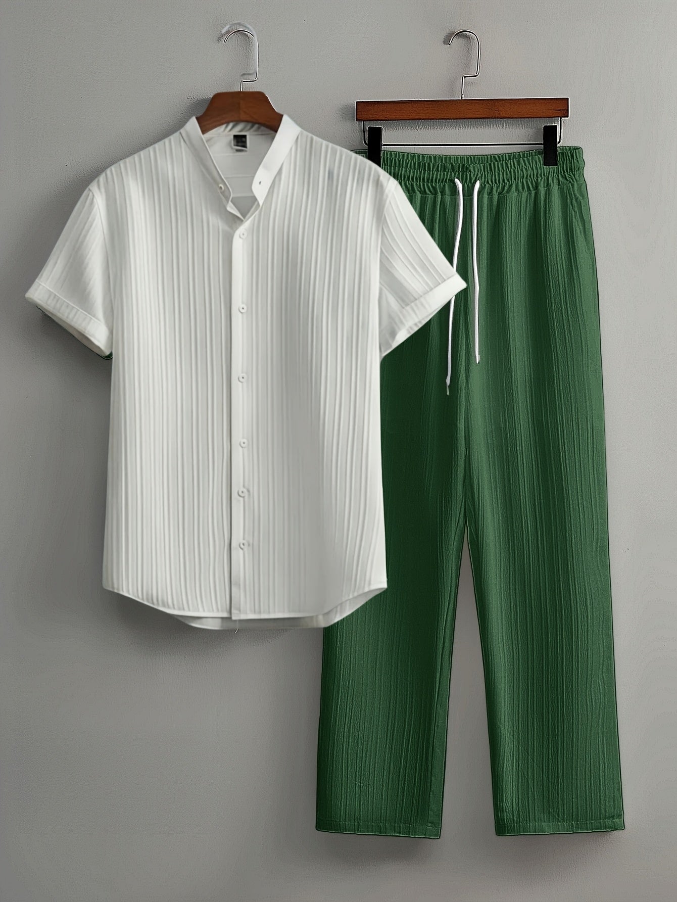 Casual 2pcs Set: Short Sleeve Stand Collar Shirt + Tie Straight Leg Pants, Suitable for Vacation Beach Outdoor Leisure Party