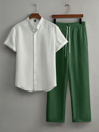 Casual 2pcs Set: Short Sleeve Stand Collar Shirt + Tie Straight Leg Pants, Suitable for Vacation Beach Outdoor Leisure Party