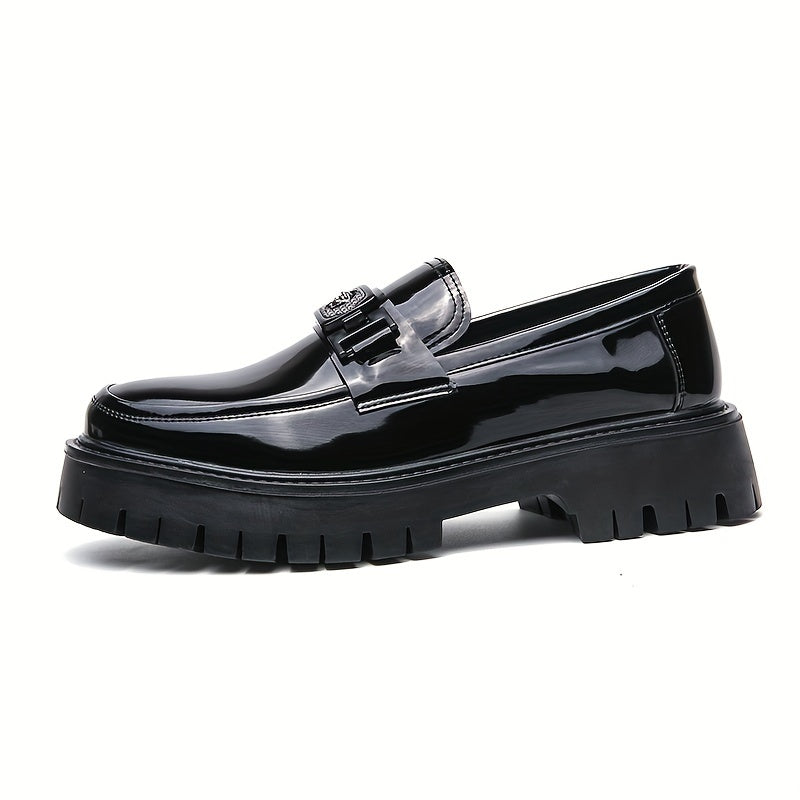 Men'S Black Soft Patent Platform Chunky Heel Loafers Fashion Tassel Business Casual Formal Work Shoes Non-Slip Lug Sole Slip-On Penny Loafers