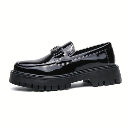 Men'S Black Soft Patent Platform Chunky Heel Loafers Fashion Tassel Business Casual Formal Work Shoes Non-Slip Lug Sole Slip-On Penny Loafers