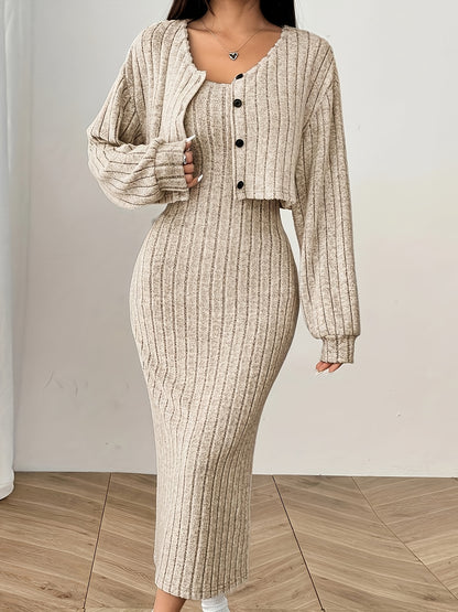 Women'S Autumn And Winter Outfit Featuring a Long-Sleeve Top with a Coat And a Camisole Dress in a Two-Piece Set.