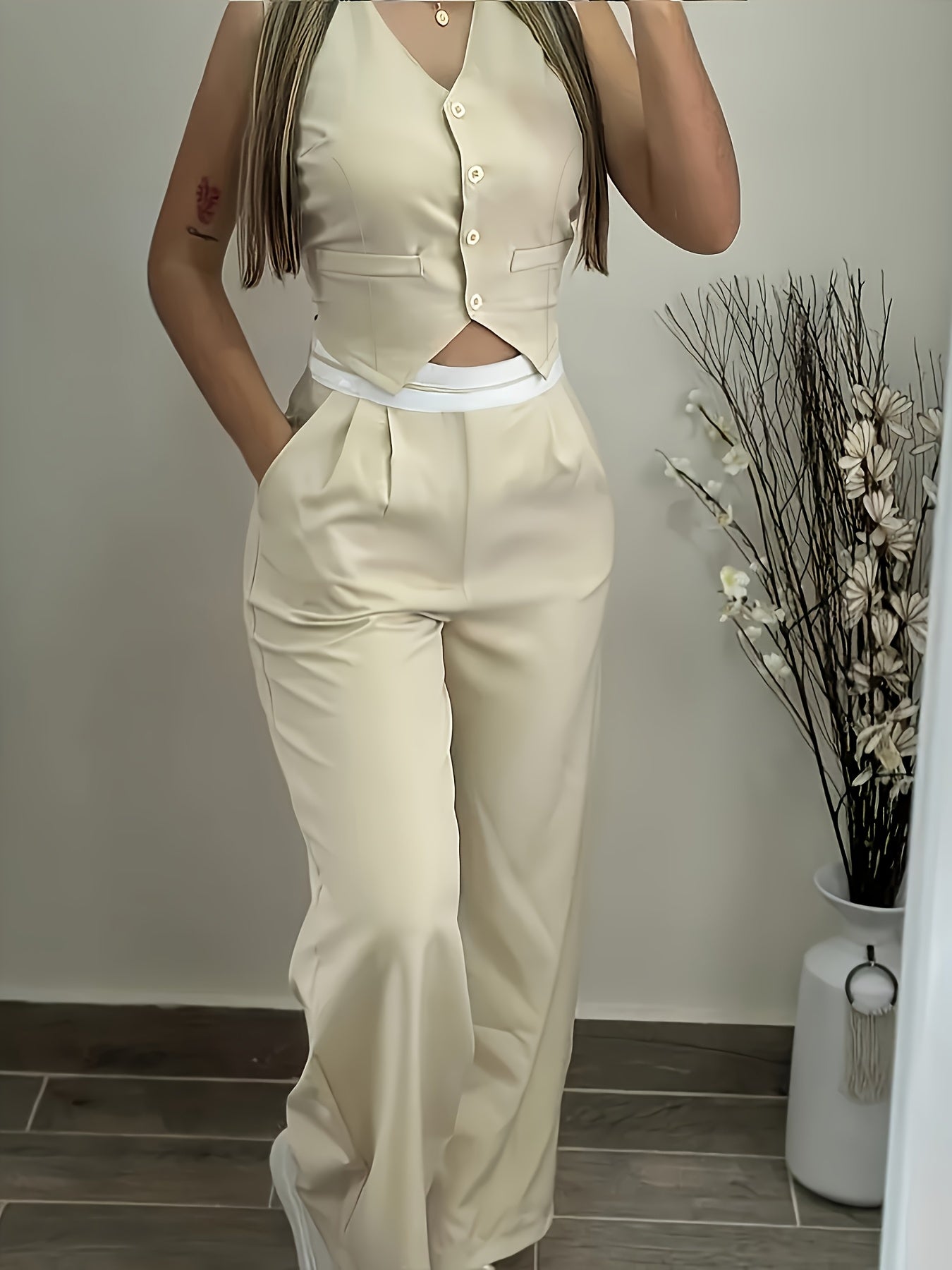 Simple and Elegant V-neck Vest with Casual Trousers 2pcs Set - ayq