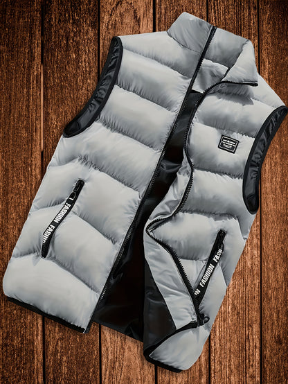 Men's Thickened Polyester Warm Vest with Full-Zip and Stand Collar