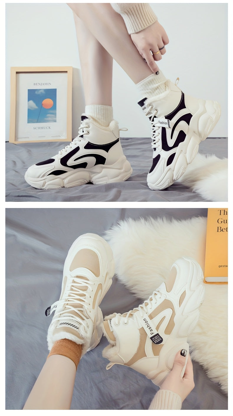 Women's Plush Fleece-Lined High-Top Sneakers - Thick-Soled Winter Warm Lace-Up Shoes with PU Upper & Cushioned PVC Sole, White/Black/Grey Chunky Dad Shoes (Cozy Round Toe) - Instagram Trendy Winter Footwear by I Trend