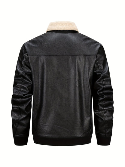 Men'S Faux Leather Bomber Jacket with Fleece Lining - Casual Motorcycle Style, Zip-Up, Long Sleeve, Drop Shoulder, Polyester Lining, Regular Fit, Outdoor & Hiking Wear, Outdoor Jacket | Bomber Jacket | Polyester Lined Jacket