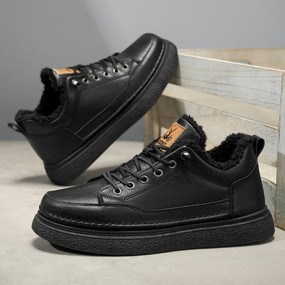 Men's Winter Warm PU -Like Hiking Sneakers with Plush -Like, EVA Cushioned Sole & Rubber Traction Tread - Low-Top Lace-Up Outdoor Shoes for Ice, Snow, Casual Wear (Black/Brown) - Cold Weather