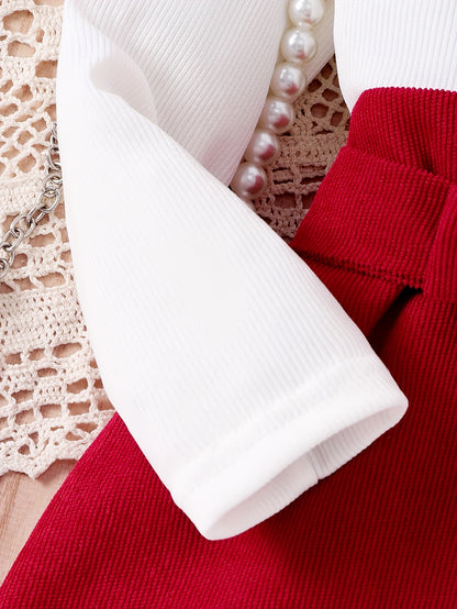 3pcs Girls' Set with 3D Bow Long Sleeve Top, Red Skirt, and Belt for Autumn