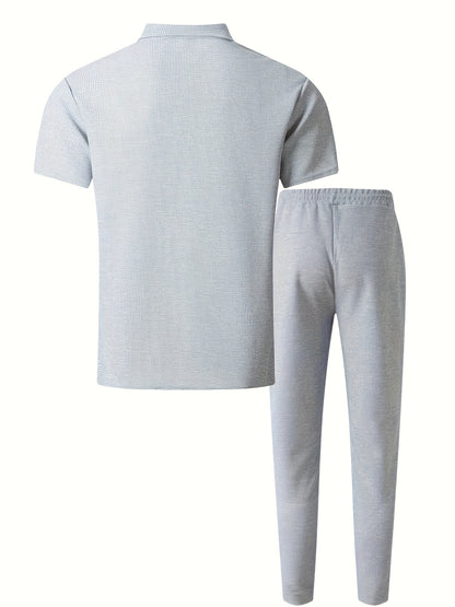 Men's Summer Two-Piece Set, Waffle Fabric Contrast Color with Pockets Short-Sleeved Shirt + Casual Trousers Suit, Leisure Light Business Vacation Daily Multiple Scenes
