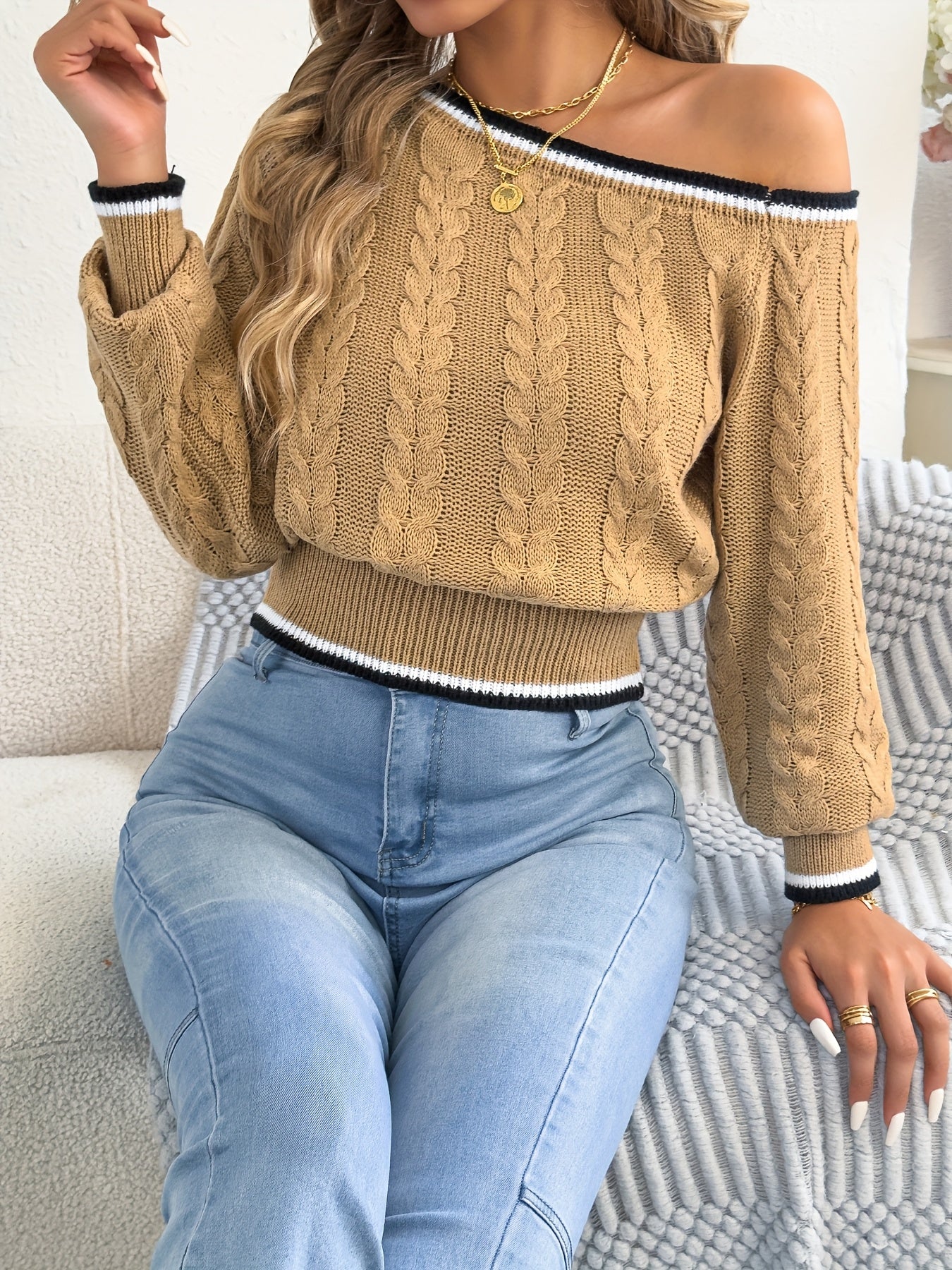Autumn and Winter Casual Vacation Off-Shoulder Long Sleeve Pullover Sweater with Waist Cinching Striped Cable Stitch Women's Cardigan