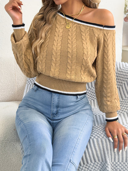 Autumn and Winter Casual Vacation Off-Shoulder Long Sleeve Pullover Sweater with Waist Cinching Striped Cable Stitch Women's Cardigan