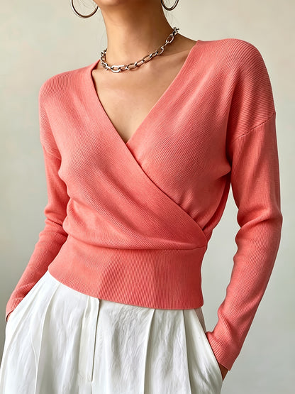 Women's Elegant Cross-Collar V-Neck Pullover Knitwear for Fall/Winter