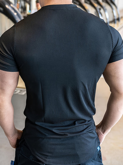 Men's Athletic Striped Solid Color Fitness Short Sleeve T-Shirt, Quick-Dry Stretchy Polyester Sports Tee for Training, Running, Summer, Slim Fit, Round Neck, Knitted Fabric