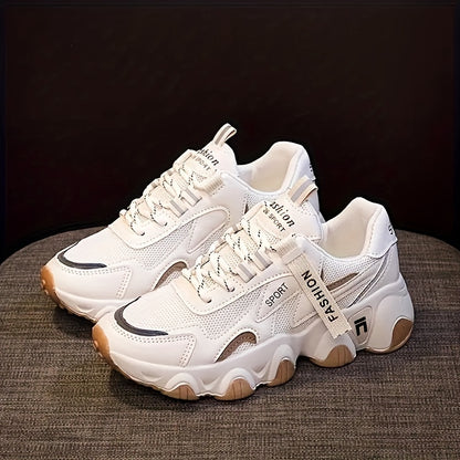 Women's Breathable Mesh Sneakers - Casual Lace-Up, Low Top Sneakers with Faux Cover  PU Sole for Summer
