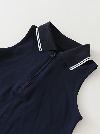 Girls' Sleeveless Polo Tennis Dress with Pleated Skirt, Navy