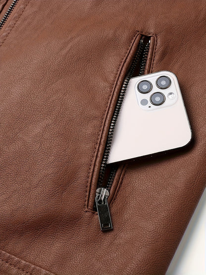 Men's Stylish Burgundy Jacket - Fall/Winter Trendy Stand Collar Biker Jacket with Multiple Zippered Pockets, Casual Design for Casual Attire, Fall Jacket | Modern Casual Jacket | Glossy Finish Jacket