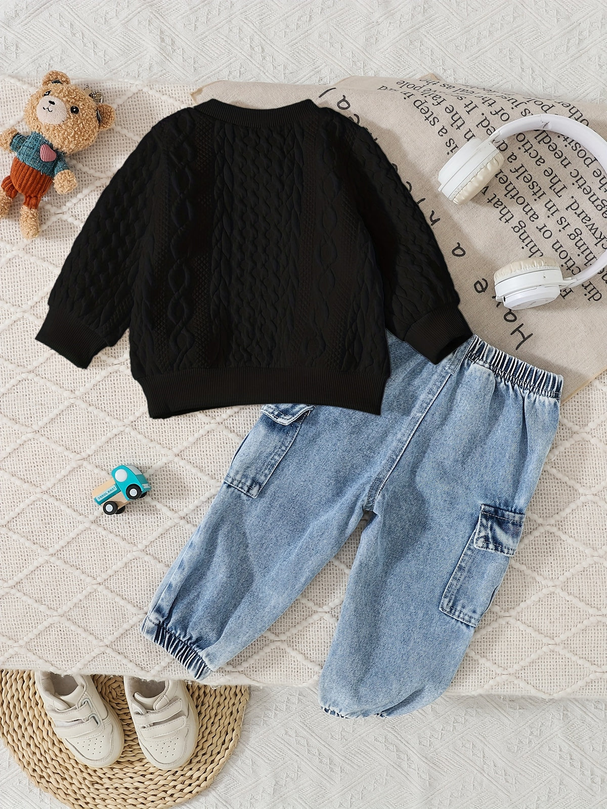 Cute Baby Boy Fall Set: Bear Sweatshirt & Denim Jogger Pants - ayq