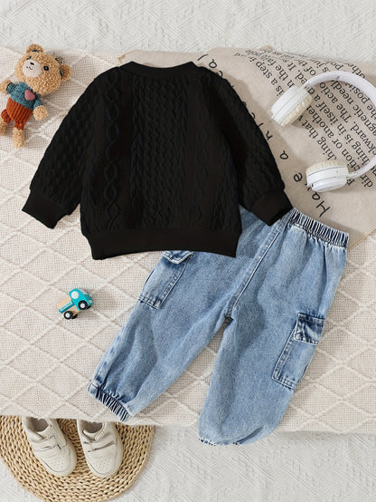 Cute Baby Boy Fall Set: Bear Sweatshirt & Denim Jogger Pants - ayq