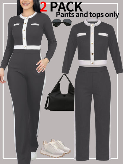 Autumn And Winter Women'S Outfit - Stylish Color-Blocked Fitted Long-Sleeve Top with a Round Neck And Versatile High-Waisted Comfortable Straight-Leg Pants