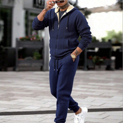 Men's Winter Fashion Two-Piece Set: Jacquard Hooded Cardigan with Lining & Long Pants – Ideal for Autumn and Winter, Winter Clothes For Men