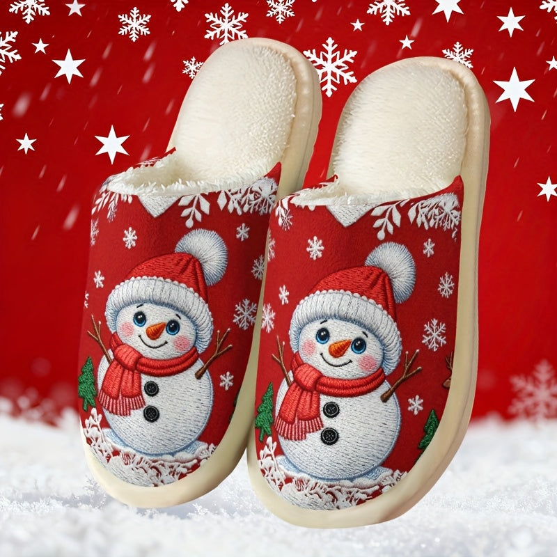 Cozy Fleece-Lined Slip-On Slippers with Snowman & Reindeer Design - Soft Fabric Upper, EVA Sole, Round Toe, Perfect for Fall/Winter, Unisex Couple Matching, Cute Slippers, Winter Footwear, Playful Design, Comfortable Footwear