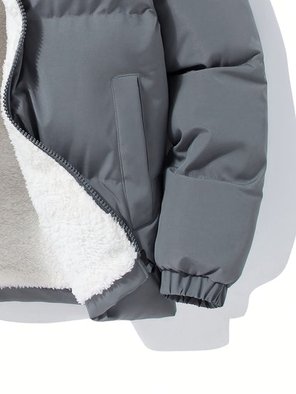 Yilong OBM Men's 2025 Fleece-Lined Winter Coat - Stand Collar Padded Insulation, Machine Washable Polyester, Solid Color Casual Jacket with Zipper Closure for Cold Weather, Winter Jacket, Outdoor Clothing, Minimalist Design,