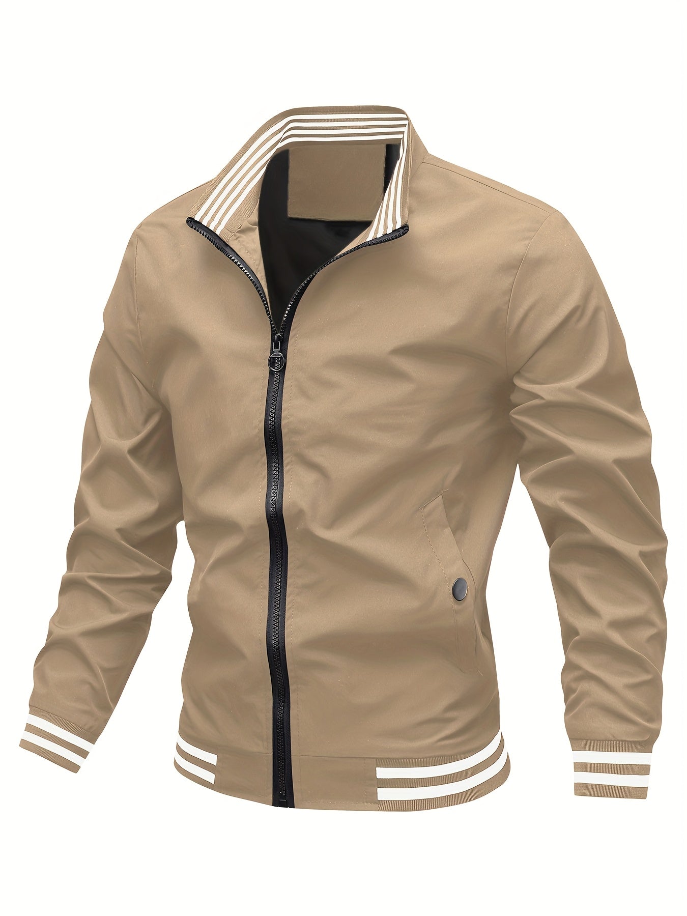 Men's Stand Collar Long Sleeve Zip Up Sports Jacket With Contrast Trim Design, Men's Spring Fall Outwear, As Gifts