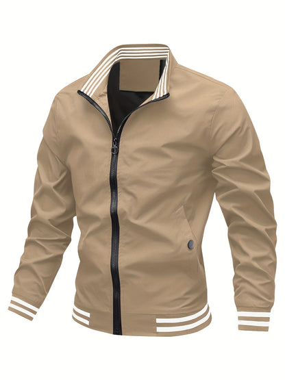 Men's Stand Collar Long Sleeve Zip Up Sports Jacket With Contrast Trim Design, Men's Spring Fall Outwear, As Gifts