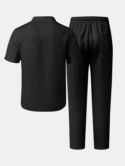 Men'S Stand Collar Loose V-Neck and Drawstring Waist Pants Henley Shirt Set