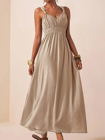 Elegant Summer V-Neck Beaded Sleeveless Waist-Cinching Dress