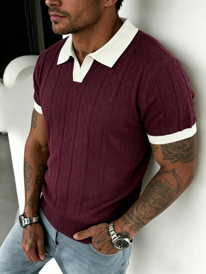 Men's Jacquard Knit Short Sleeve Polo with Contrast Collar