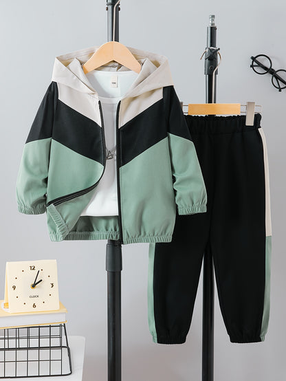 Boys' Casual Color-Block Hooded Jacket and Pants Set - ayq