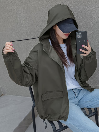 Women's Casual Hooded Jacket - Academic Style Double Pocket Zipper Front, Adjustable Drawstring Hood, Solid Color, Machine Washable Spring/Fall Outerwear for Everyday Comfort, Fall Clothing, Classic Design, Quality Stitching,