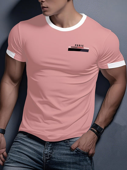 Men'S Paris Graphic T-Shirt - Green Polyester Crew Neck Tee with White Stripes  Print - Casual Sporty Knit Top for Casual Attire, Breathable Fabric