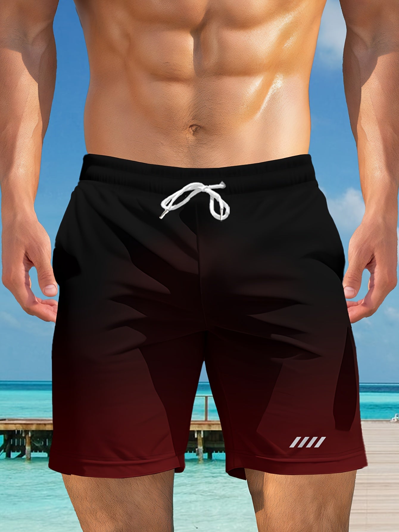 Men's Quick-Dry Geometric Swim Trunks with Pockets and Drawstring