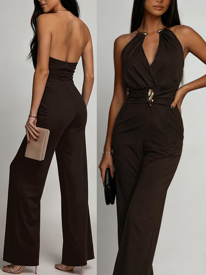 Women’s Chic Deep V-Neck Pleated Jumpsuit with Jewel Detail