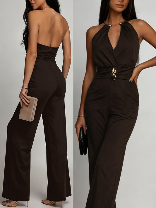 Women’s Chic Deep V-Neck Pleated Jumpsuit with Jewel Detail