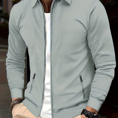 1pc Men'S Casual Polyester Zip-Up Jacket with Lapel Collar, Solid Color, Slight Stretch, Woven Fabric, Regular Fit, No Lining - Spring/Fall Outerwear