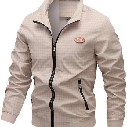 Men's Casual Outdoor Jacket - Spring/Fall Softshell Jacket with Checkered Pattern, Long Sleeves, and Zipper Closure
