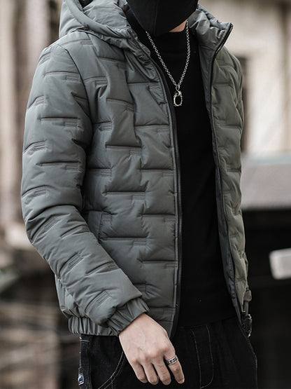 1pc Men's Heavy-Duty Winter Jacket with Hood - Stand Collar & Zippered Pockets, Grey/Black & White, Machine Washable Cold Weather Coat for Skiing, Snowboarding, Outdoor Activities (-Filled)