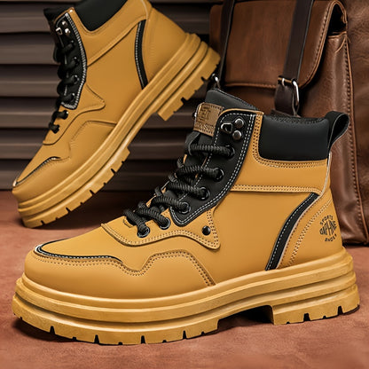 Men's Trendy Solid Ankle Boots, Comfy Non Slip Lace Up Durable Shoes for Men's Outdoor Activities