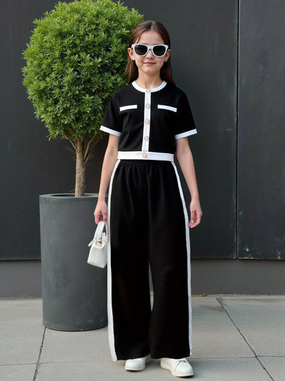 Girls' Spring/Summer Elegant Pearl Button Top & Contrast Pants