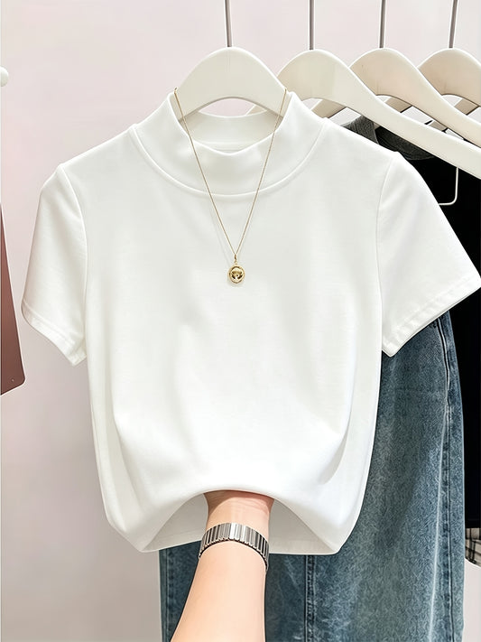 Women’s Summer Cotton Short Sleeve High Neck T-Shirt - ayq
