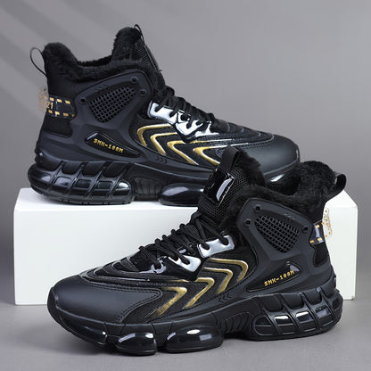 Men's Winter Warm High-Top Sneakers - Thermal Insulated PU/Fabric Upper, Golden-Tone Buckle & Strap Closure, Cushioned TPU Sole, Black/White/Golden Sneakers for Casual, Running, Everyday Winter Wear - All-Terrain Traction, Du