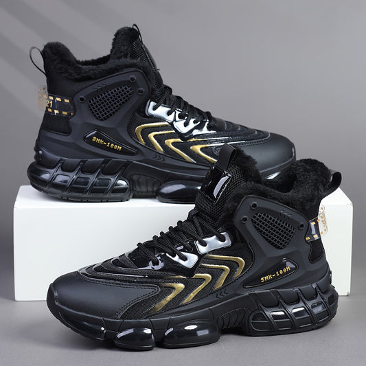 Men's Winter Warm High-Top Sneakers - Thermal Insulated PU/Fabric Upper, Golden-Tone Buckle & Strap Closure, Cushioned TPU Sole, Black/White/Golden Sneakers for Casual, Running, Everyday Winter Wear - All-Terrain Traction, Du