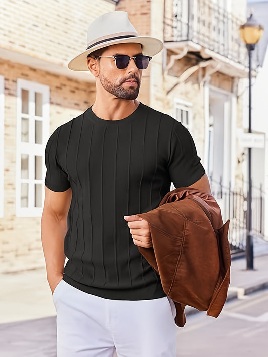 New Summer Minimalist Solid Color Round Neck Knitted Short-Sleeve T-Shirt for Men, Lightweight Base Layer Trendy Knitwear - ayq