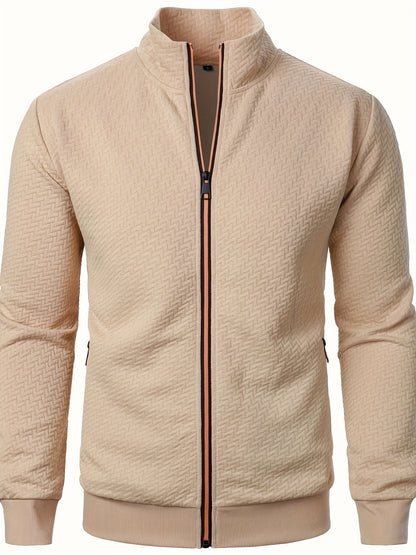 Men's Casual Zip Up Jacquard Jacket, Chic Stand Collar Coat for Spring Fall, Autumn And Winter, Hoodie Top