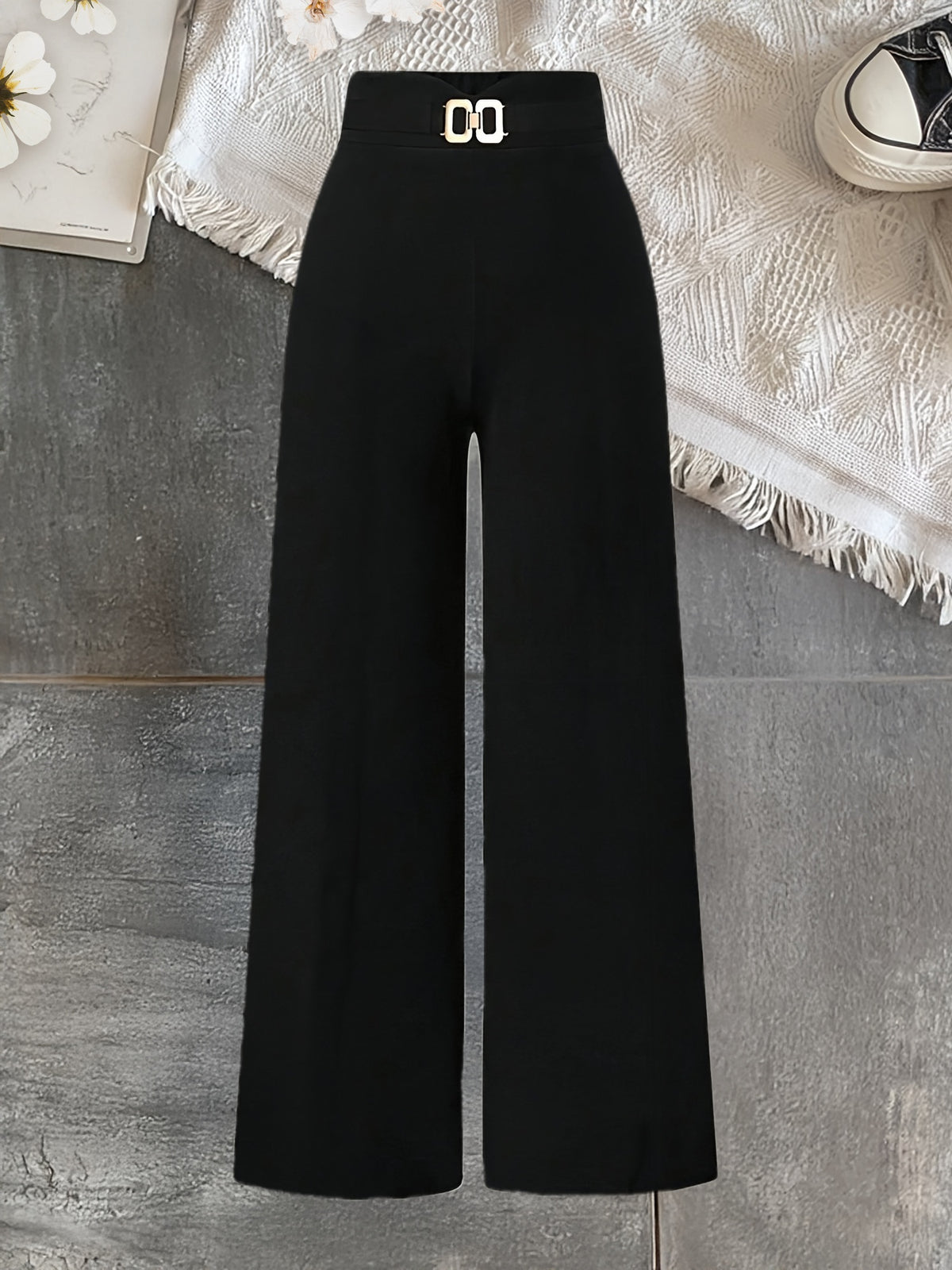 Elegant Wide-Leg Stretch Pants for Women - Solid Color, All Season